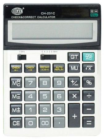 آلة حاسبة بميزة التحقق والتصحيح وشاشة تعرض 12 رقماً أبيض/أسود/رمادي