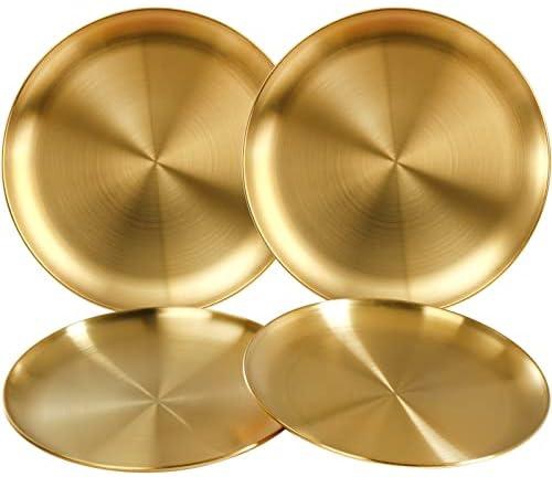 TOPZEA 4 Pack Stainless Steel Dinner Plates, 9 Inch Gold Metal Salad Plates Reusable Kitchen Dinnerware Dessert Display Food Serving Plate Appetizer Dishes Platter for Restaurant, Camping