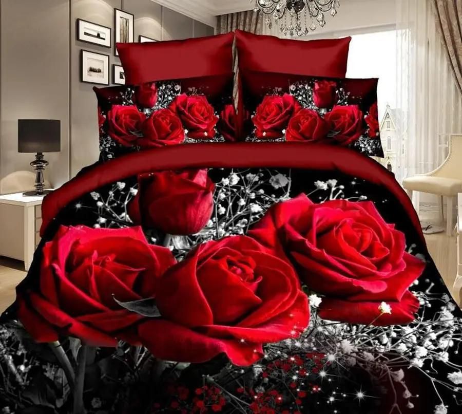 Duvet Cover Set 3D Printing 4pcs Wedding Bedding Sets Queen Size Red Rose Comforter Bag Duvet Cover Red Rose 2pcs/set Twin