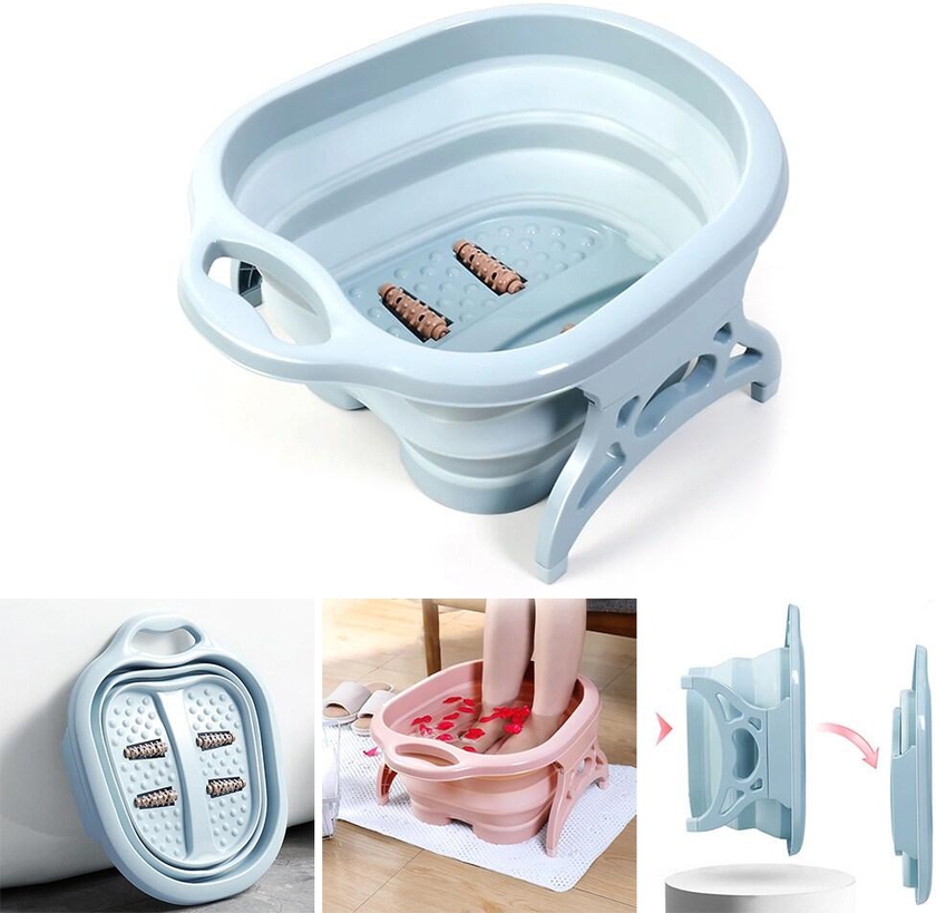 Generic-Blue Folding Foot Care Tub Portable Foot Wash Massage Bucket Travel Folding Bucket with 4 Massage Balls Bathing Feet in Winter Anti-slip Handle Endurable Meterial