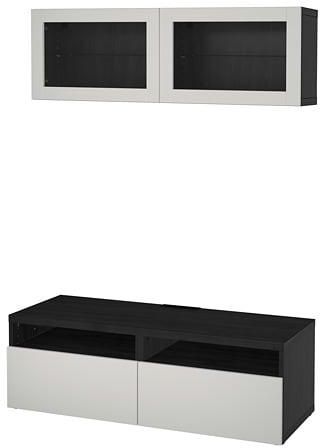 BESTÅ TV storage combination/glass doors, black-brown Lappviken, light grey clear glass