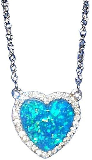 Blue Opal Heart Necklace For Women, Silver 925