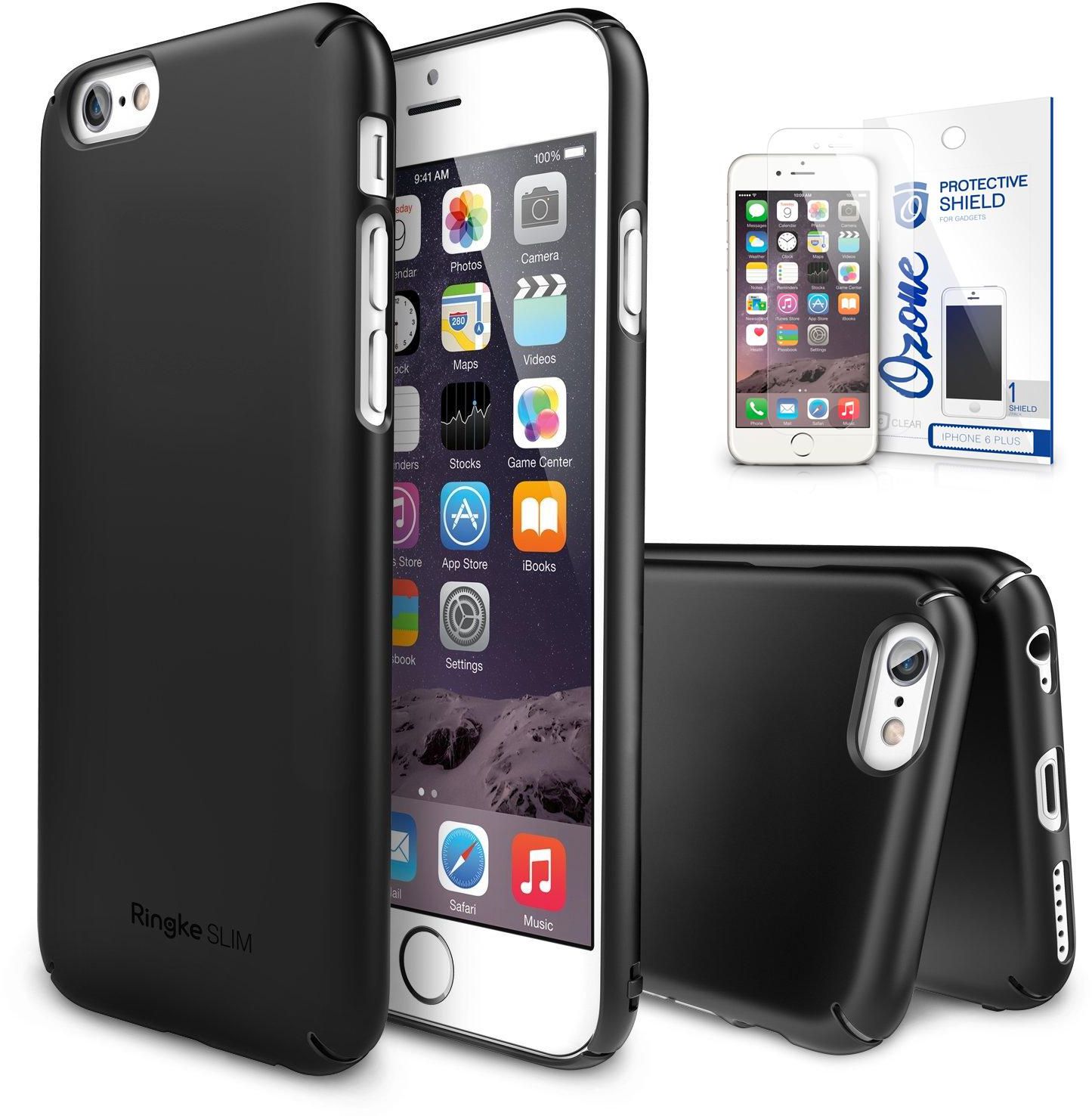 Rearth Ringke SLIM Case Premium Dual Coated Hard Case Cover & Ozone Screen Guard for Apple iPhone 6 Plus Black