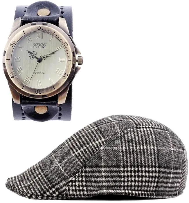 Mens Light Grey cotton Newsboy cap with black leather watch