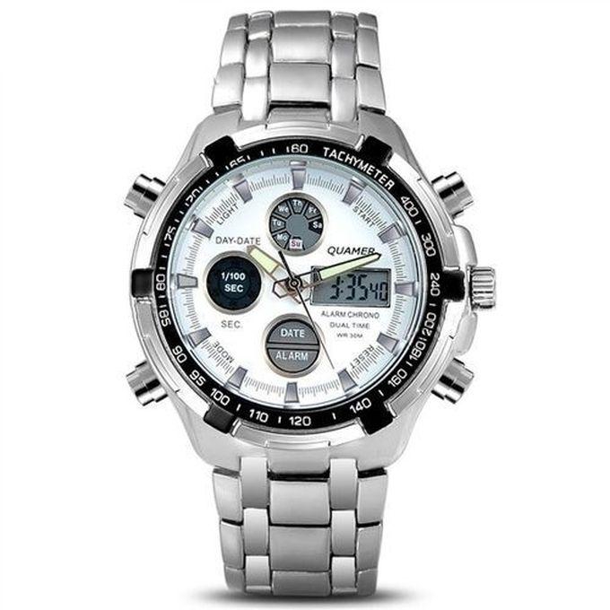Quamer Men's Executive Waterproof Analogue And LED Watch - Silver/White