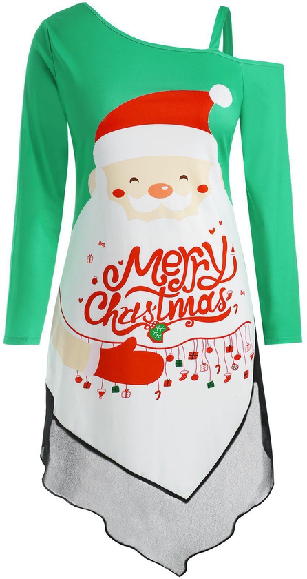 Plus Size Asymmetric Panel Christmas Graphic Dress - L