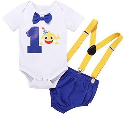 Smashing Bumpkins Baby Boys First Birthday Outfit, Baby Shark Cake Smash Outfit, Birthday T-shirt, Suspender and Shorts Pants Outfit for Baby Boys 1st Birthday, First Birthday Outfit