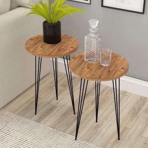 PAK HOME Set of 2 Pine Wood End Tables Round Wood Sofa Side Coffee Tables for Small Spaces, Nightstand Bedside Table with Metal Legs for Bedroom, Living Room, Office, Balcony