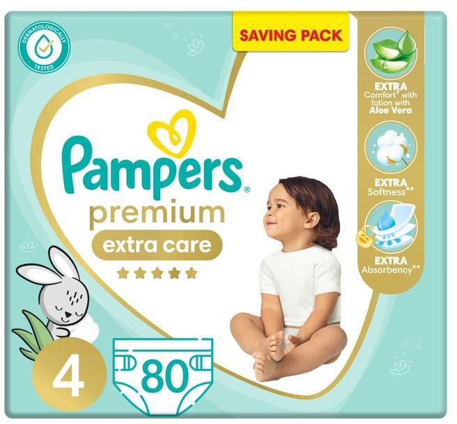 Pampers Premium Extra Care Baby Diapers With Aloe Vera Lotion - Size 4 – From 9Kg to 18Kg – 80 Count