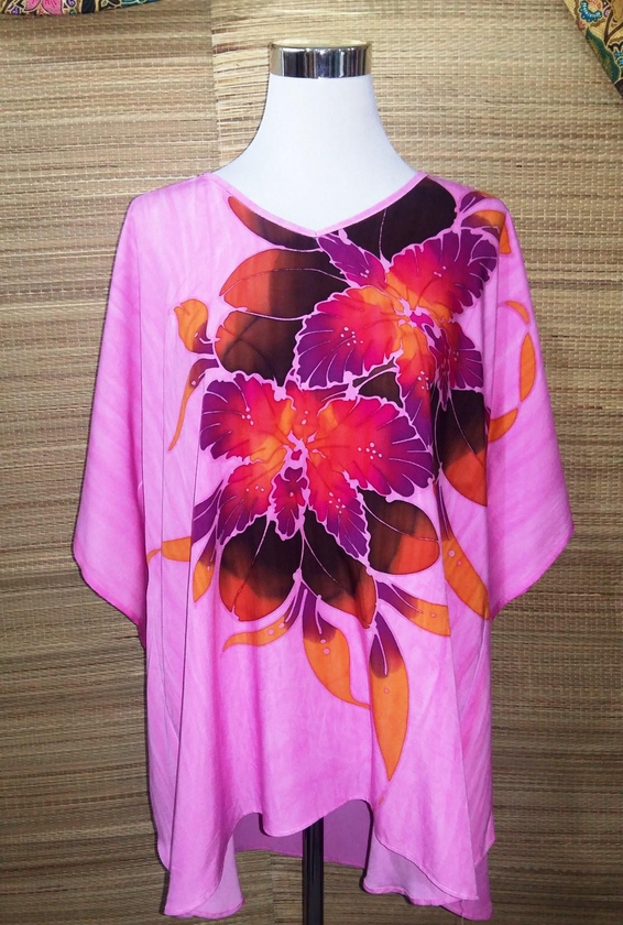 Lady Casual Short Kaftan - Poncho Blouse – Handrawn-Span Cotton - One size (Pink)