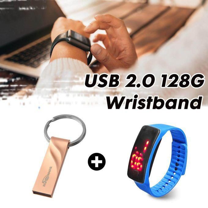USB 2.0 Flash Drive 128G Silver + LED Digital Display Wristband