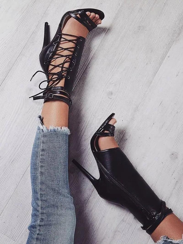 Fashion Pumps Gladiator Peep Toe Thin Heel Women High Heels Shoes Casual Lace Up Ankle Strap 35-43