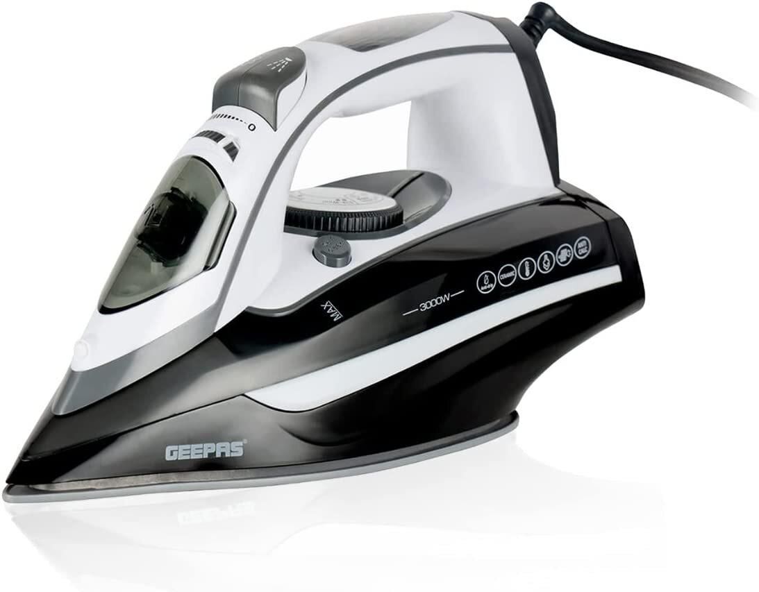 Geepas Ceramic Steam Iron, Temperature Control, Gsi24025 Ceramic Sole Plate, Wet And Dry Self Cleaning Function Powerful Steam Burst 400ML Water Tank 2 Years Warranty, Brown, 3000W