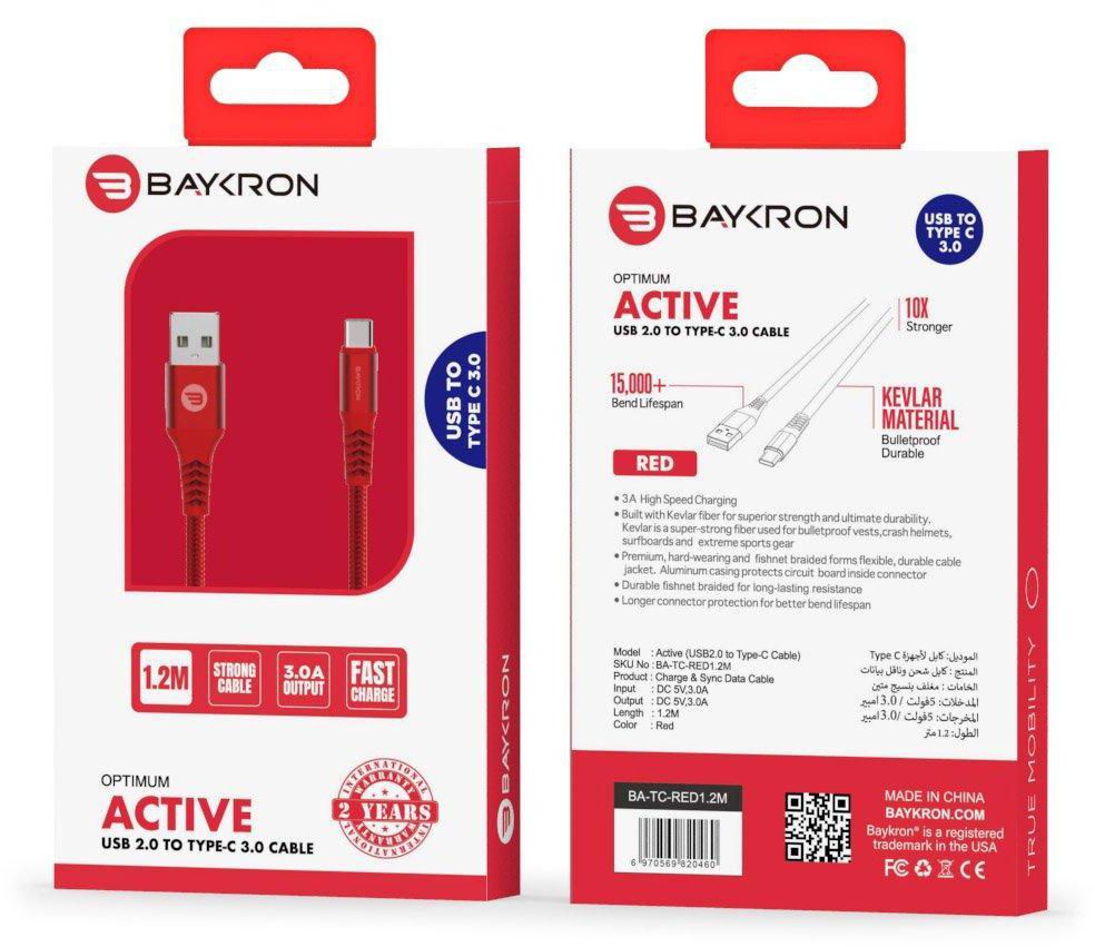 Baykron Cable USB A to Type C 1.2M, Red