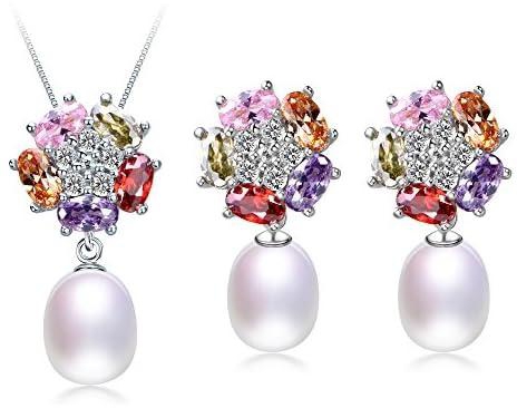 Freshwater Cultured Genuine Pearls Jewelry Set with Necklace & Dangle Earrings by DIAMOVI- 925 Sterling Silver-AAA Grade Zircon-Stunning Wedding Bridal Jewelry-Available in White, Pink&Purple