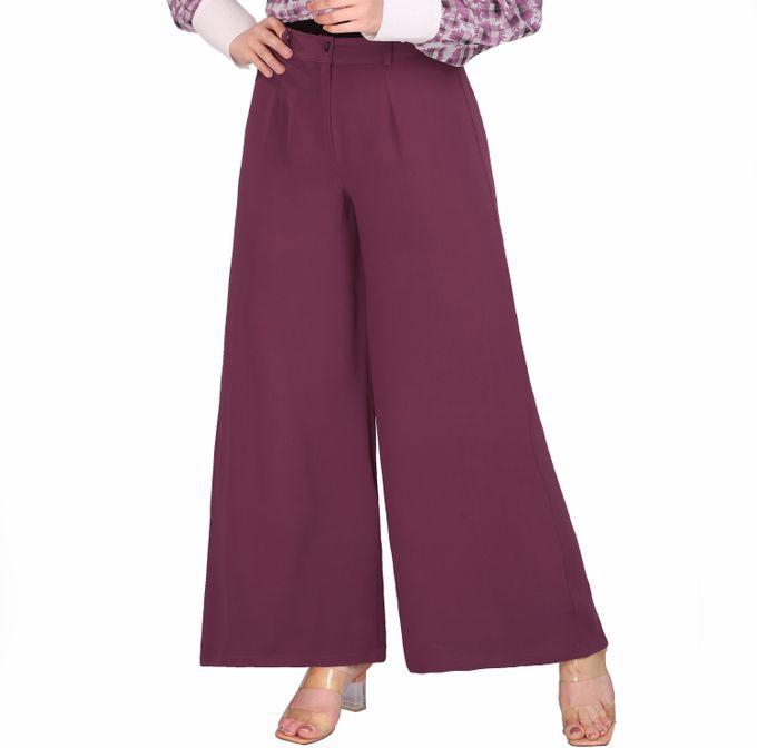 Smoky Egypt Wide Leg High Waist Crepe Pants With Flat Front And Elastic Back Band - Dark Red