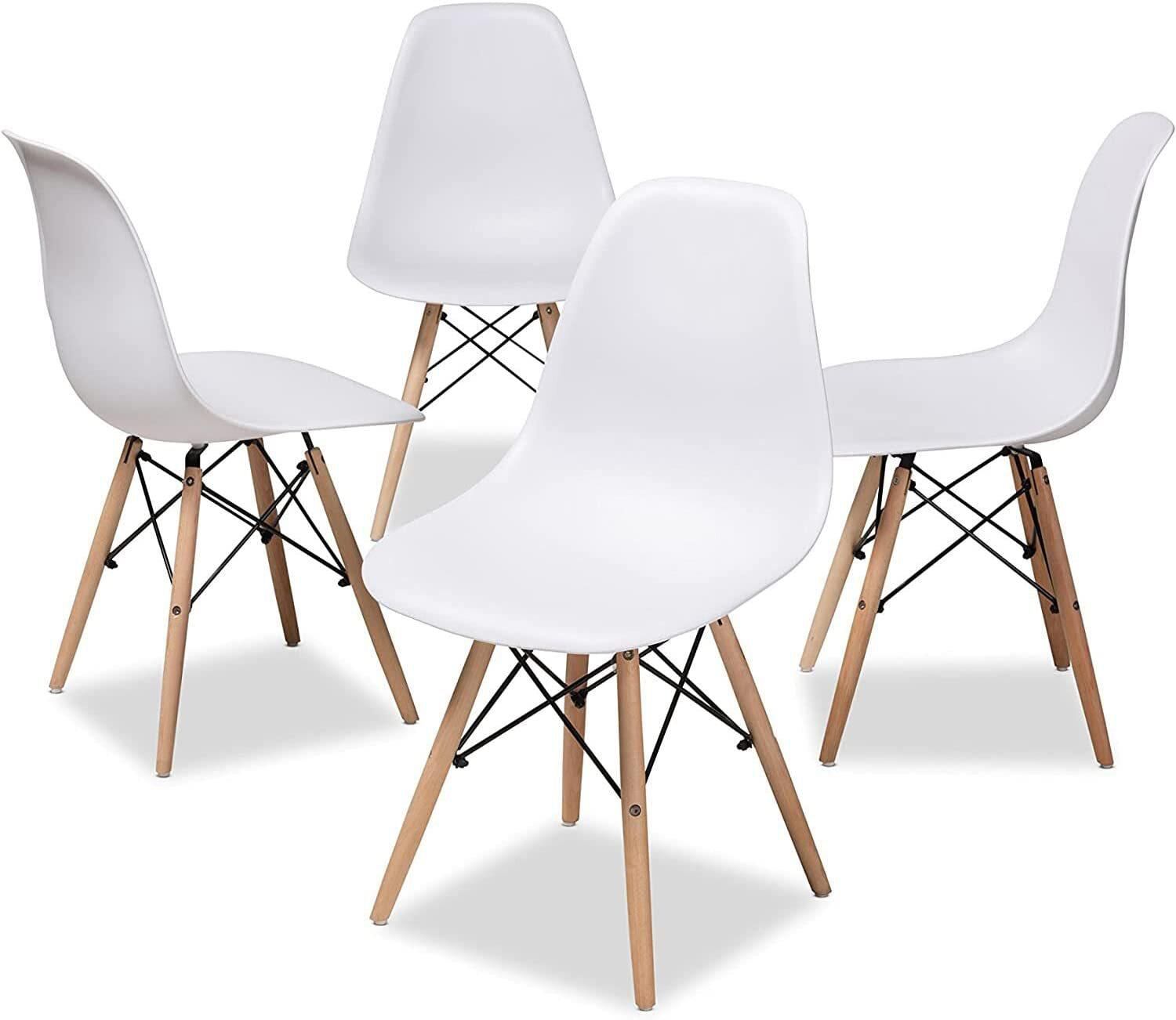 Modern Dining Chair, Lounge Chair, Office Chair, Plastic Shell Chair, Eames Style Chair with Wood Legs and Plastic Seat, for Living Room, Bedroom, Kitchen, Dining Side Chairs, Set of 4 (White)