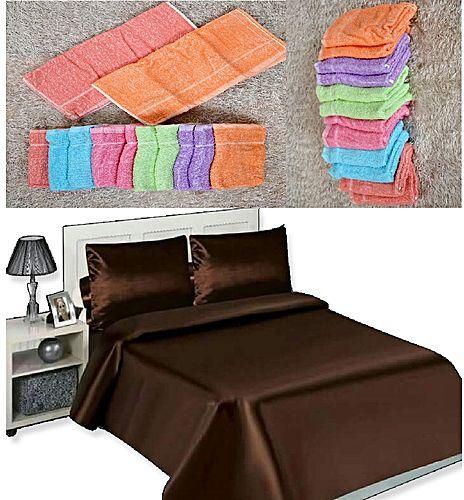 Alkhaligia Group Satin Bed Sheet Set 5 Pcs + Kitchen Towel - 12 Pcs