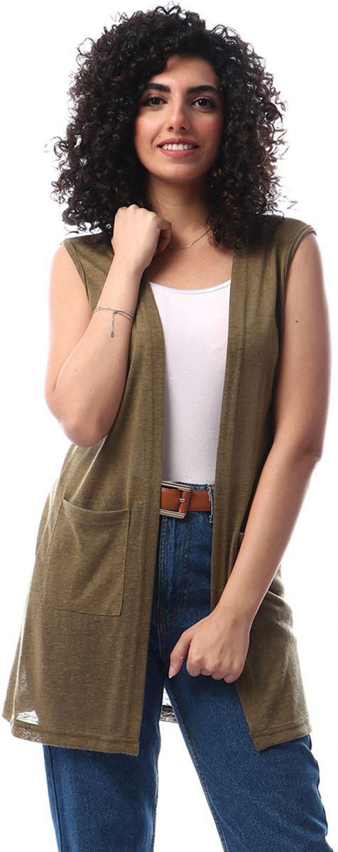 Kady Casual Sleevless Cardigan For Women - Olive