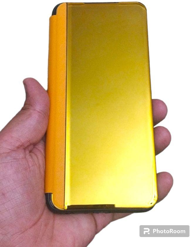 حافظة سمارت فيو جلدية قابلة للطي لهاتف أوبو إيه 97 اللون ذهبي غطاء أكريليك لامع شفاف