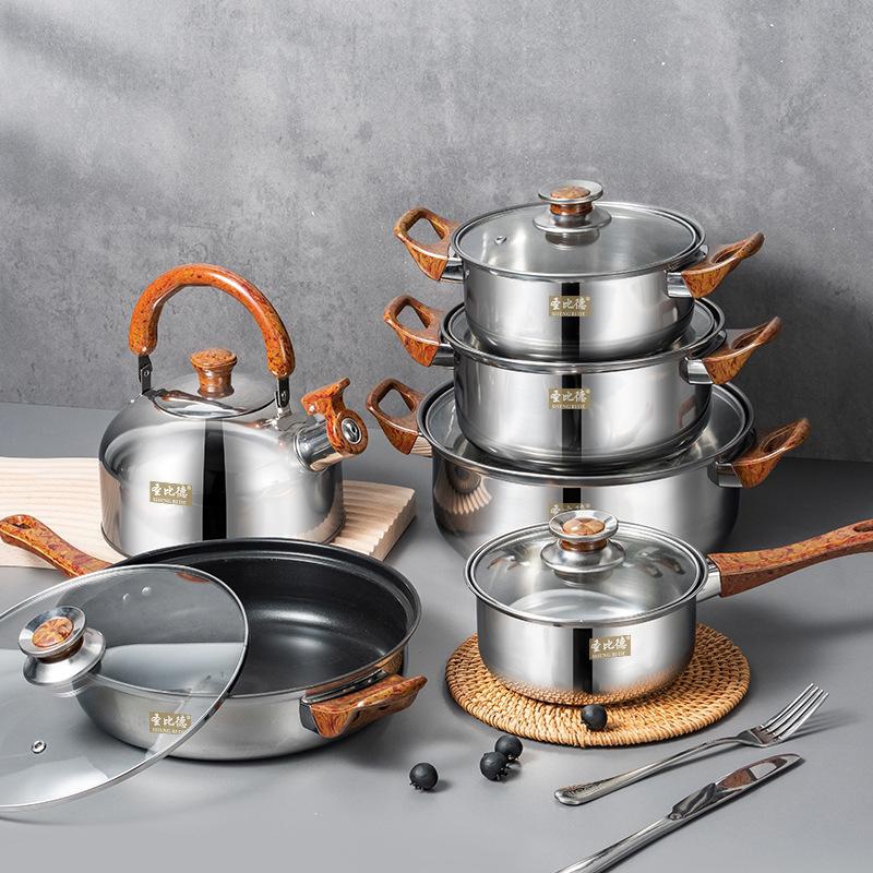 Stainless Steel Pots 12pcs Set Wood Grain Handle Removable Cooking Pots with Kettle