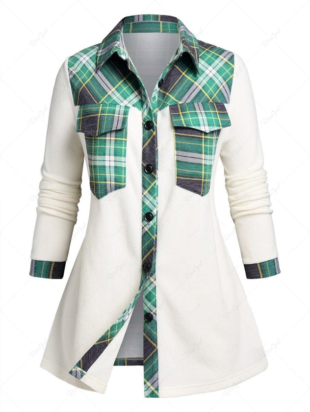Plus Size Flap Pockets Plaid Panel Fleece Shirt - L | Us 12
