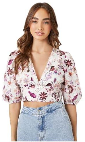 Forever21 Women Plunging Floral Lace-Trim Top L White Print 00487370WHITE/MULTIL