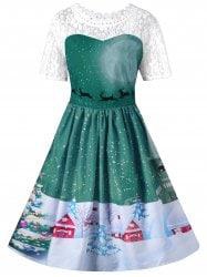 Vintage Christmas Graphic Lace Yoke Swing Dress - Green - L