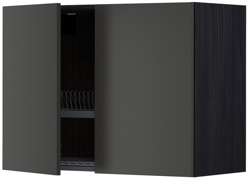 METOD Wall cabinet w dish drainer/2 doors - black/Nickebo matt anthracite 80x60 cm