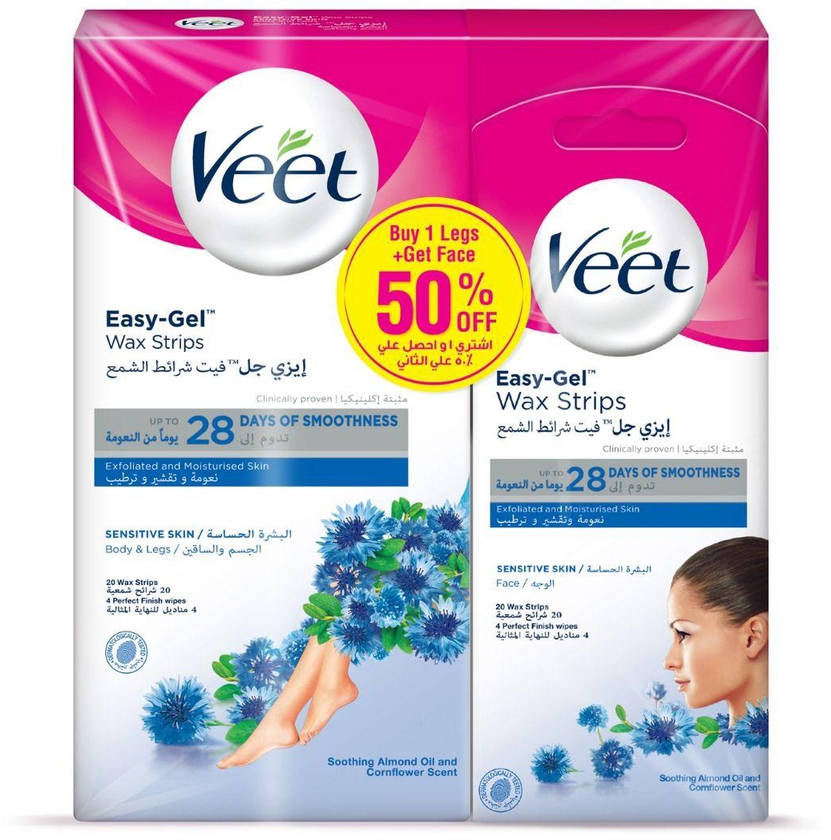 Veet Easy Gel, Hair Removal Wax Strips, Sensitive Skin, Body & Leg & Face - 1 Kit
