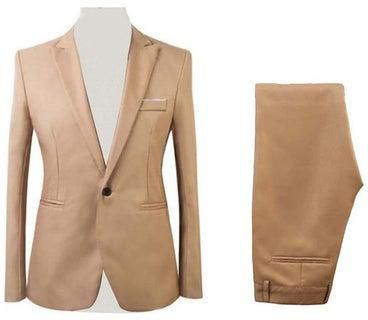 2pcs/Set Men Formal Business Party Solid Colour Long Sleeve Blazer Suit Pants Plain Khaki