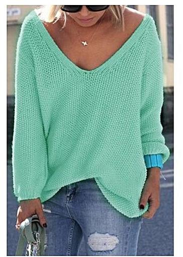 Fashion YOINS Women Fashion Clothing Casual V-neck Long Sleeve Loose Fit Light Green Jumper Top