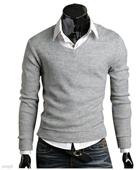 Bluelans Men's Slim Fit Long Sleeve Knitted Sweater V-neck Top Pullover Knitwear Sweatshirt-Light Grey