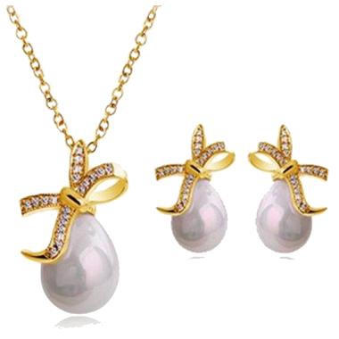 18K Gold Plated Pearl Bow Jewellery Set White