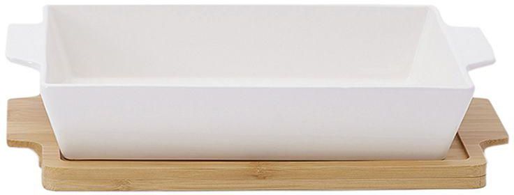 Rectangular Plate With Bamboo Tray White/Brown 31 centimeter