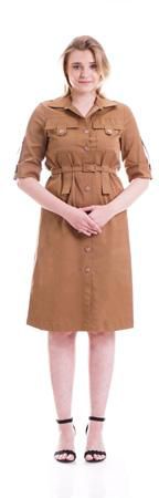 Blend Button Front Solid Color Cotton Dress - Size: S (Camel)