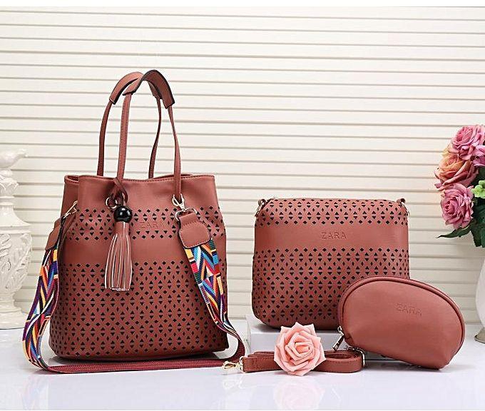 Generic Ladies 3 in 1 Handbag fashionable full Set - Brown