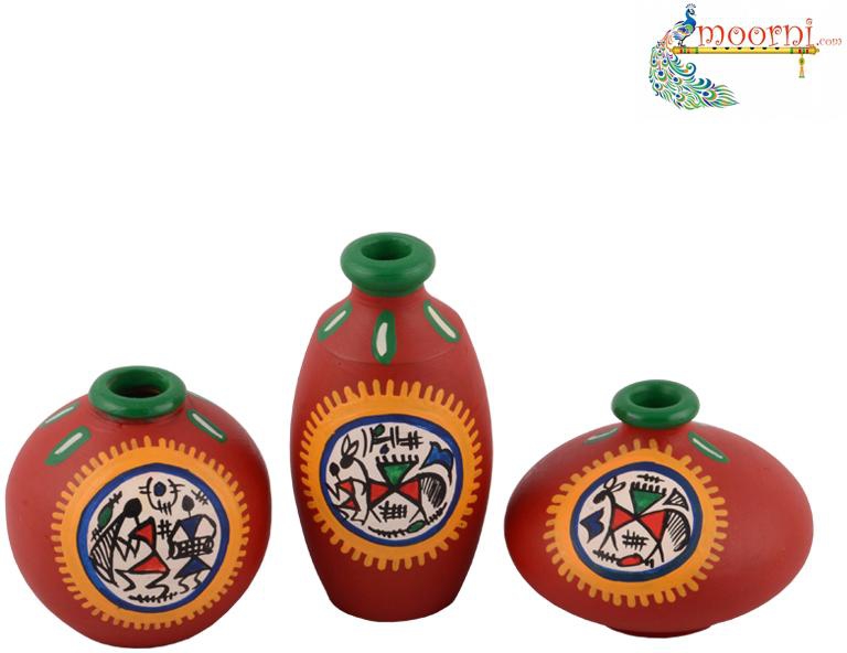 Moorni Terracotta Warli Handpainted Pots Red Set Of 3
