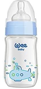 Wee Baby 140 Heat Resistant Glass Feeding Bottle with Wide Silicone Teat, 180 ml - Baby Blue