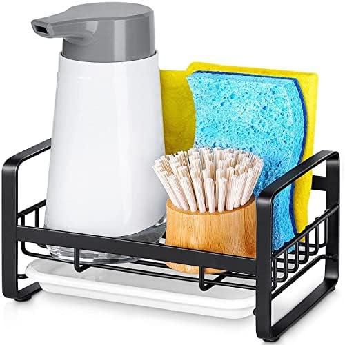 Kitchen Sink Sponge Holder, 304 Stainless Steel Sink Caddy Organizer with Removable Drip Tray, Kitchen Countertop Dish Soap Holder, not Including Dispenser and Brush, Black