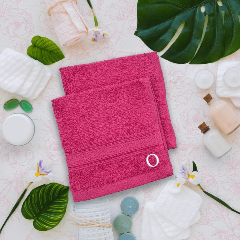 BYFT - Daffodil (Fuchsia Pink) Monogrammed Face Towel (30 x 30 Cm - Set of 6) - 500 Gsm White Thread Letter "O"- Babystore.ae
