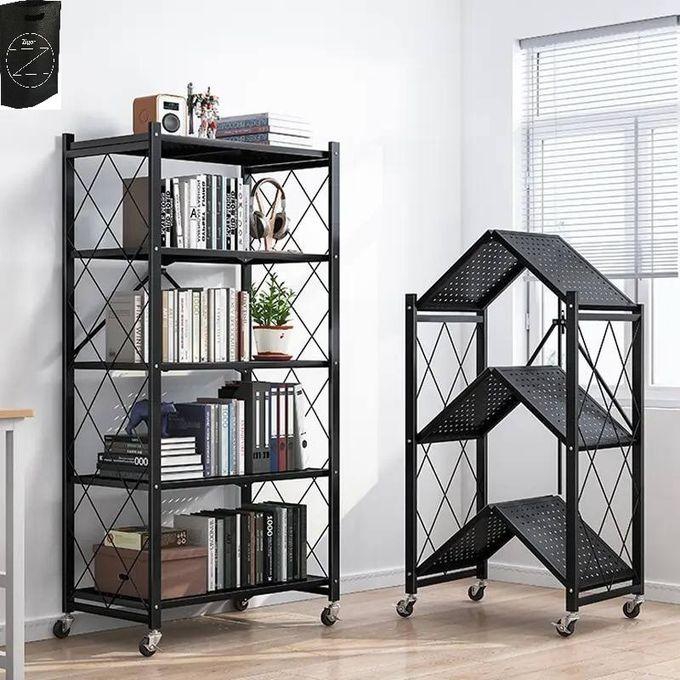 5-Tier Folding Storage Shelf With Rolling Wheels For Living Room Kitchen Office No Assembly Required - Black+zigor Special Bag