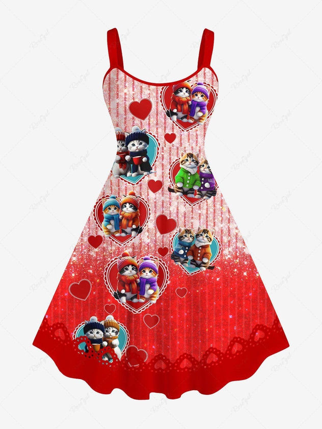 Plus Size Valentine's Day Heart Cats Colorblock Stripe Glitter 3D Print Tank Dress - 6x