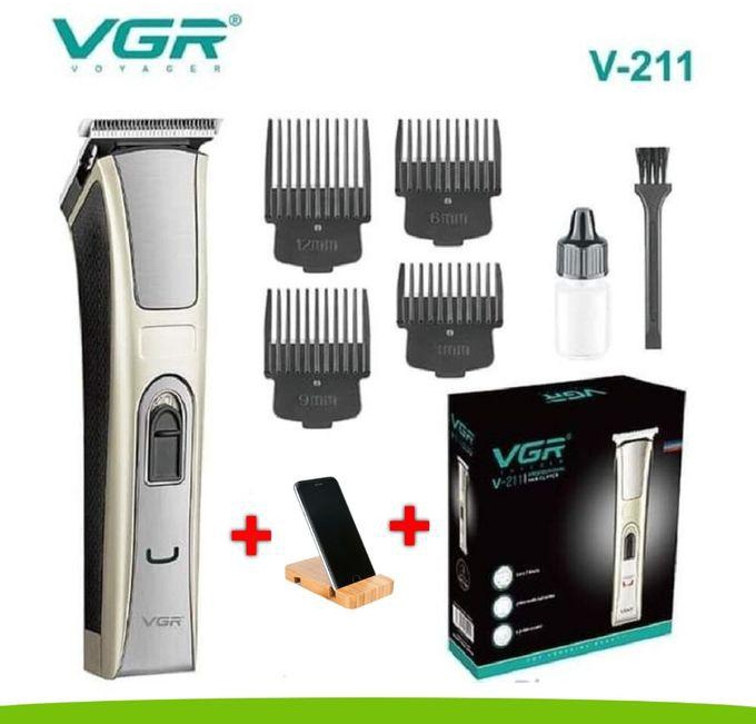 VGR حامل موبيل وتابلت خشبي هدية +ماكينة حلاقة الشعر الاحترافية - V-211
