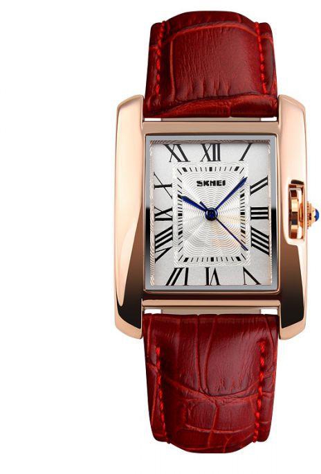 SKMEI 1085 Ladies Quartz Watch with Rectangle Dial Leather Band Waterproof -Red
