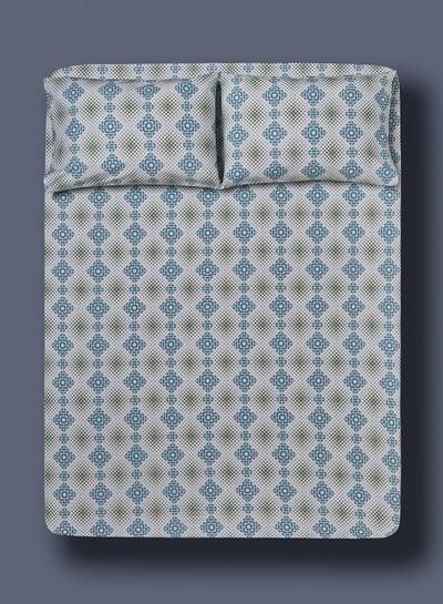 Fitted Bedsheet Set Queen Size 100% Cotton Premium Quality 200 TC Everyday Use Breathable And Soft 1 Bed Sheet And 2 Pillow Cases Printed Design Blue/Green Color