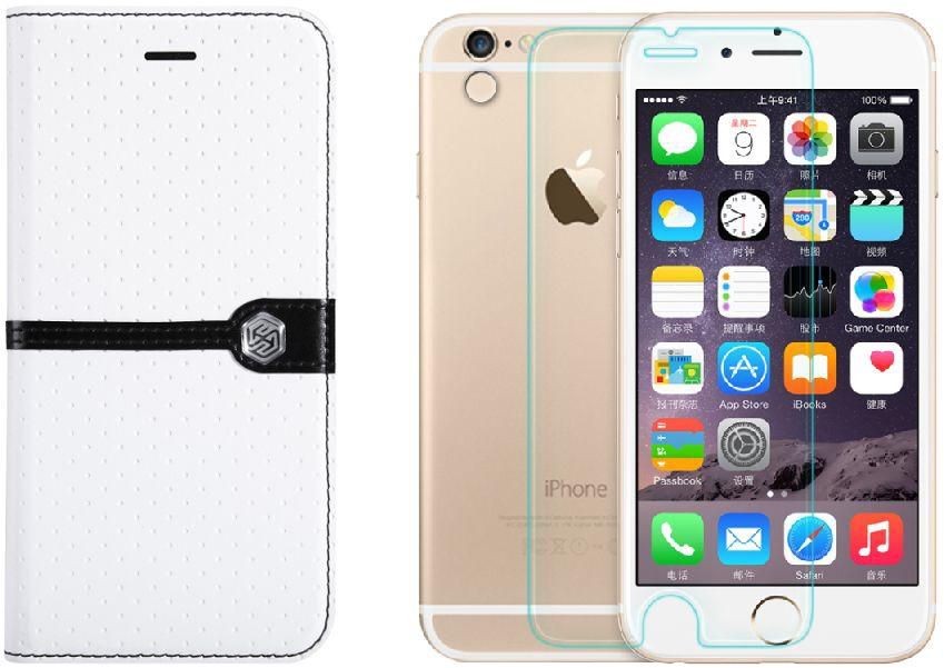 Apple Iphone 6 H Plus Tempered Glass Screen Protector & White Ice leather case Combo Set