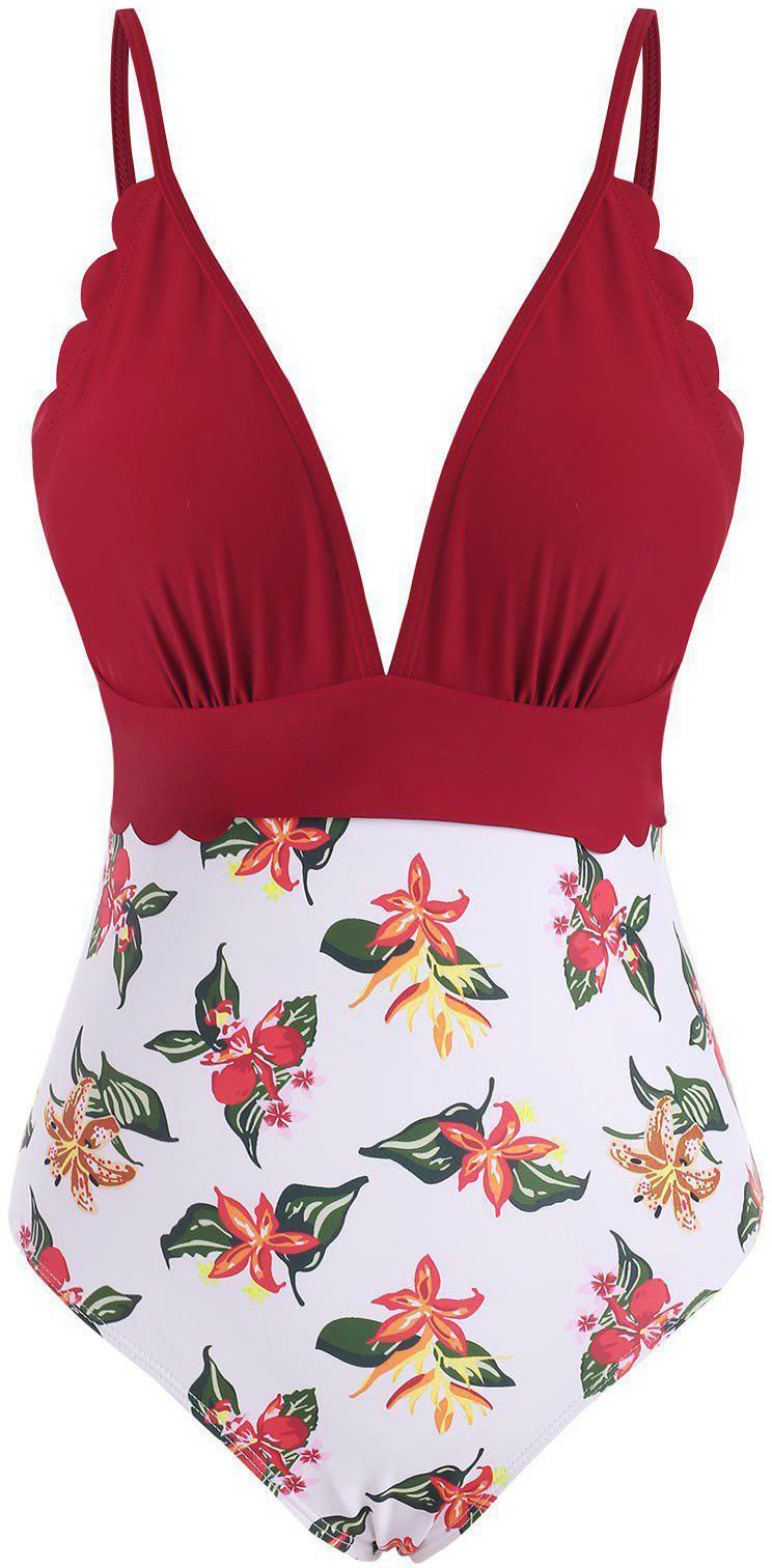 Flower Print Scalloped Backless One-piece Swimsuit - M