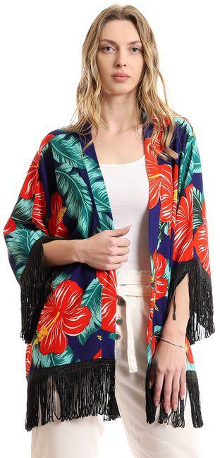 eezeey Colorful Tropical Floral Kimono With Fringes - Dark Blue & Red