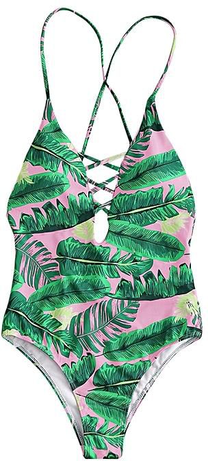 Fashion Palm Print Backless Plunge Padded One Piece Bathing Suit - Light Pink